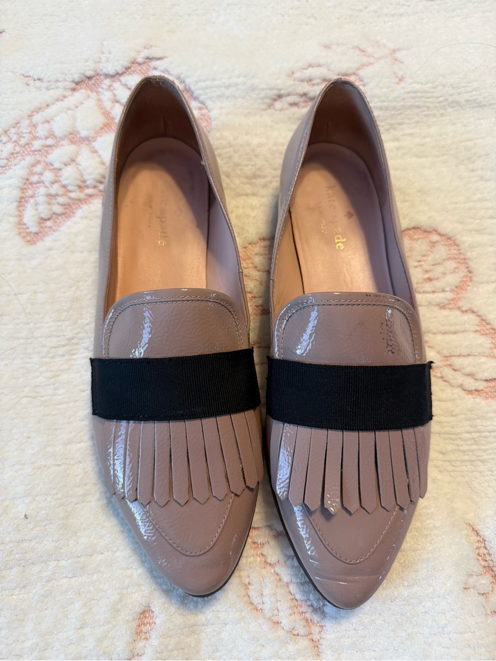 kate spade Taupe Patent Fringe Loafers with Black Band